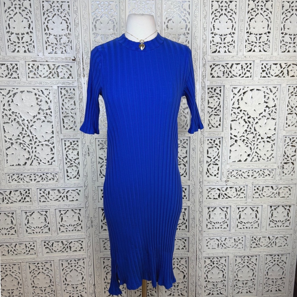 Eileen‎ Fisher Blue Ribbed Mockneck Dress Sz Medium Minimalist Stretchy Casual